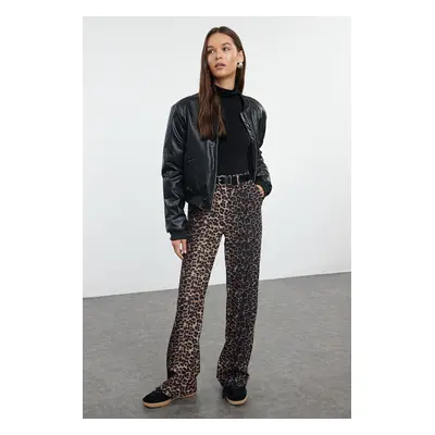 Trendyol Brown Leopard Patterned Straight Cut Woven Fabric Trousers