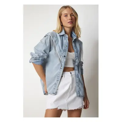 Happiness İstanbul Women's Light Blue Chain Detailed Denim Shirt Jacket