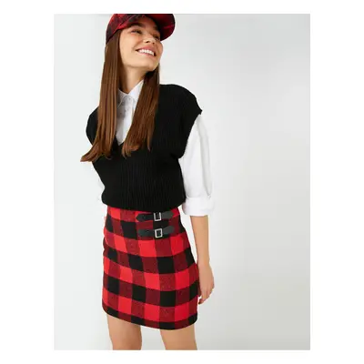 Koton Checked Mini Skirt with Double Buckle Detail and Zipper