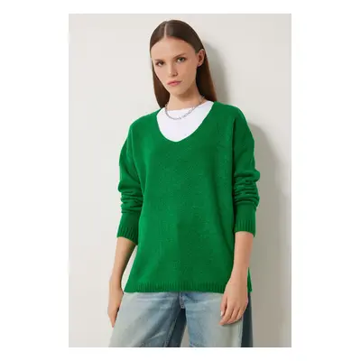 Happiness İstanbul Women's Green V-Neck Knitwear Sweater