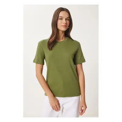 Happiness İstanbul Women's Green Cotton Basic Knitted T-Shirt