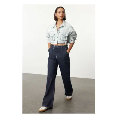 Trendyol Dark Blue Striped High Waist Wide Leg Jeans