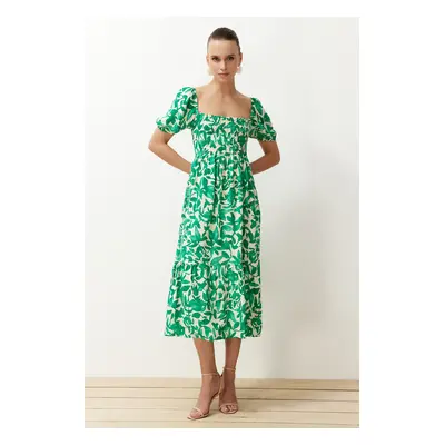 Trendyol Green Floral Skater Gown Neck Detailed Shally Midi Woven Dress