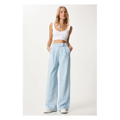 Happiness İstanbul Women's Light Blue Waist Velcro Comfort Palazzo Pants