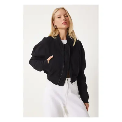 Happiness İstanbul Women's Black Crop Bomber Jacket