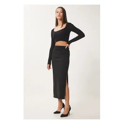 Happiness İstanbul Women's Black Slit Long Suede Skirt