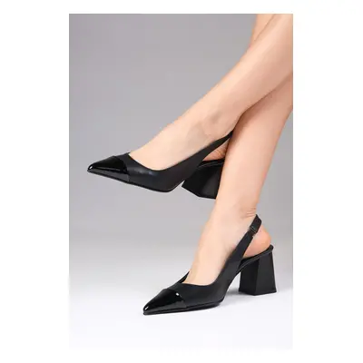 Mio Gusto Natalie Black Color Pointed Toe Open Back Thick Heeled Shoes