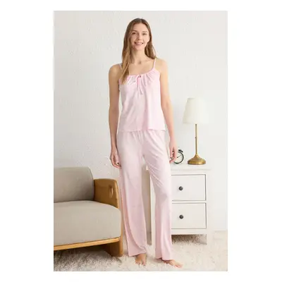 Trendyol Pink Floral Tied and Rope Suspender Knitted Pajama Set