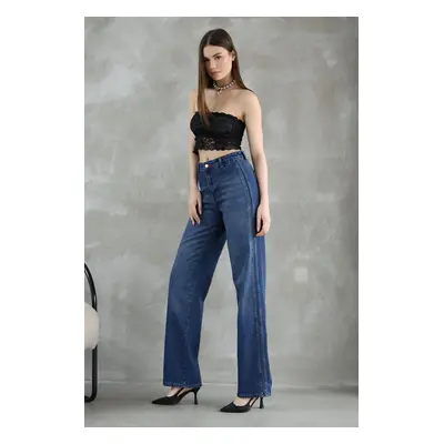 Trendyol Dark Blue Stitch Detail High Waist Straight Jeans