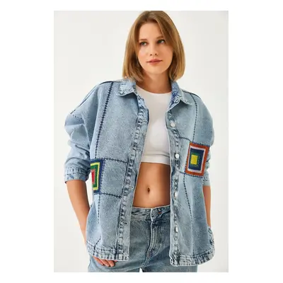 Bianco Lucci Women's Oval Cut Denim Jacket with Embroidery Detail