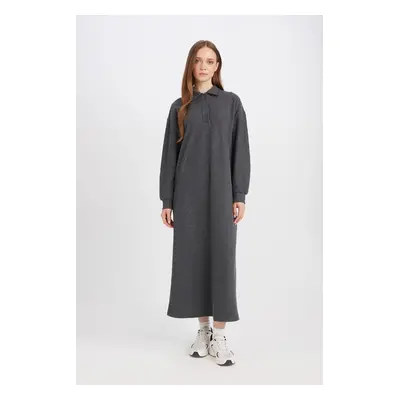 DEFACTO Buttoned Polo Collar Basic Plain Long Sleeve Thessaloniki Fabric Maxi Knit Dress