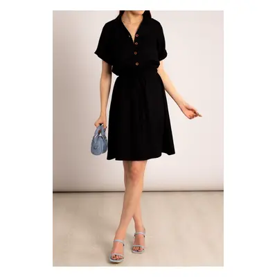 armonika Women's Black Elastic Waist Short Sleeve Shirt Dress