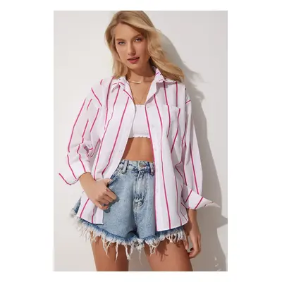 Happiness İstanbul Women's Pink White Striped Oversize Long Cotton Shirt