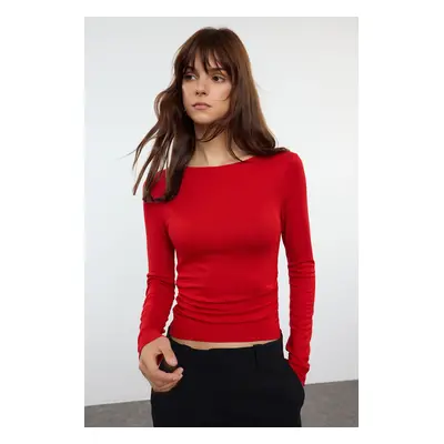 Trendyol Red Viscose/Soft Fabric Fitted Gather/Drape Detail Boat Neck Flexible Knitted Blouse