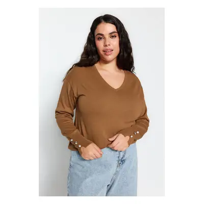 Trendyol Curve Mink V-Neck Button Detailní pletený svetr