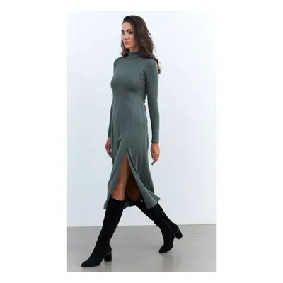 Cool & Sexy Women's Khaki Turtleneck Midi Dress HOR15