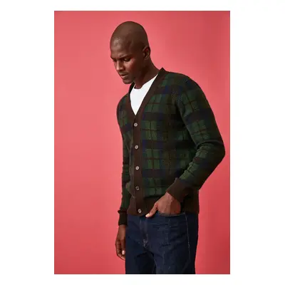 Trendyol Green Regular V Neck Plaid / Checked Cardigan