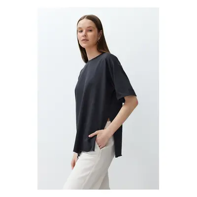 Trendyol Anthracite 100% Cotton Double Sleeve Asymmetric Boyfriend Knitted T-Shirt