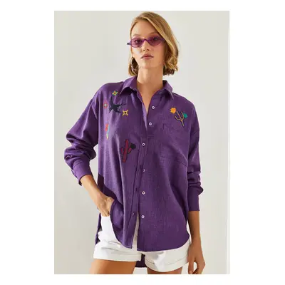 Bianco Lucci Women's Embroidered Linen Shirt