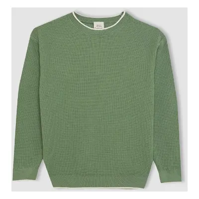 DEFACTO Boy Green Crew Neck 100% Cotton Basic Plain Knitwear Sweater