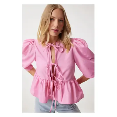 Happiness İstanbul Women's Pink Bow Balloon Sleeve Cotton Poplin Blouse