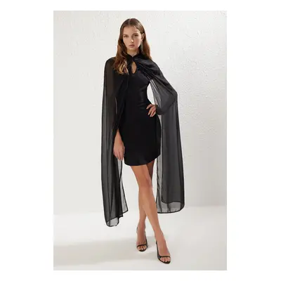 Trendyol Black Body-Sit Cape Detailed Woven Elegant Evening Dress