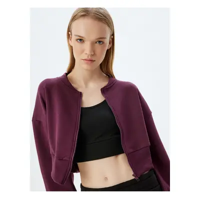 Koton Crop Oversize Sweatshirt Zippered Round Neck Raised