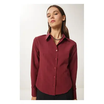 Happiness İstanbul Women's Burgundy Buttoned Basic Shirt