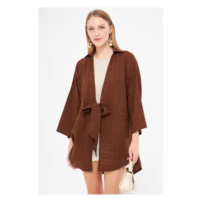 armonika Women's Brown Self-Striped Front Tie Kimono Shirt