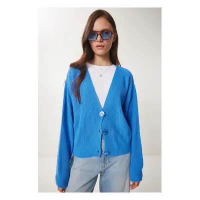 Happiness İstanbul Women's Blue V-Neck Buttoned Knitwear Cardigan