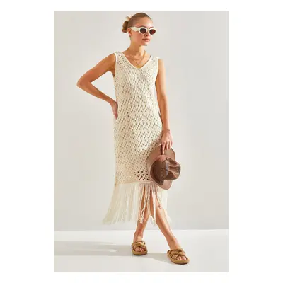 Bianco Lucci Women's Openwork Lined Tasseled Knitwear Dress