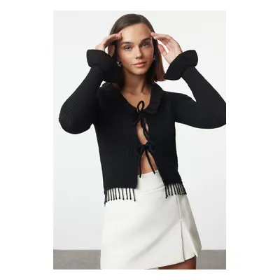 Trendyol Black Crop Soft Textured Stone Embroidered Knitwear Cardigan