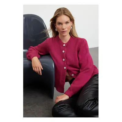 Trendyol Fuchsia Soft Texture Jewel Buttoned Jacket Look Knitwear Cardigan