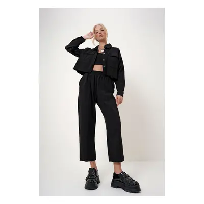 Trend Alaçatı Stili Women's Black Double Pocket Jacket and Stitched Detail Trousers Two Piece Se