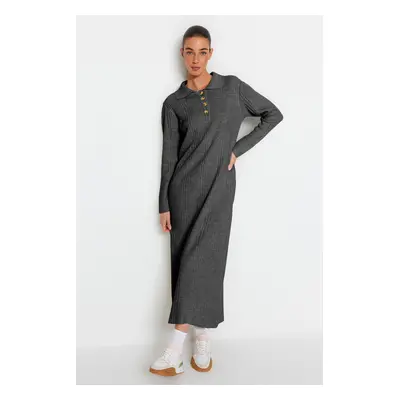 Trendyol Anthracite Polo Collar Buttoned Relaxed Fit Rib Knit Dress