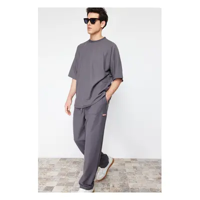 Trendyol Anthracite Oversize / Wide Cut Textured Wide Leg Sweatpants with Label