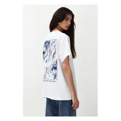 Trendyol White 100% Cotton Back and Front Printed Oversize/Casual Fit Knitted T-Shirt