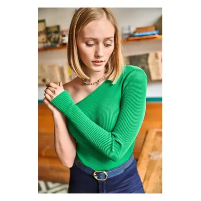 Olalook Women's Grass Green One-Shoulder Waist Top Crop Knitwear Blouse