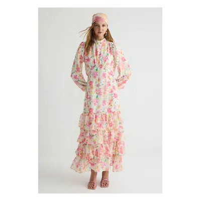 Trendyol Pink Lined Floral Woven Chiffon Hijab Dress