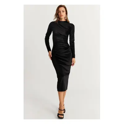 Cool & Sexy Women's Black Draped Midi Dress