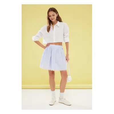 Trendyol Blue Pleated Mini Skirt with Front Button and Lace Hem Detail