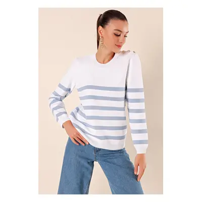 Bigdart Button Detailed Striped Sweater - C. Indigo