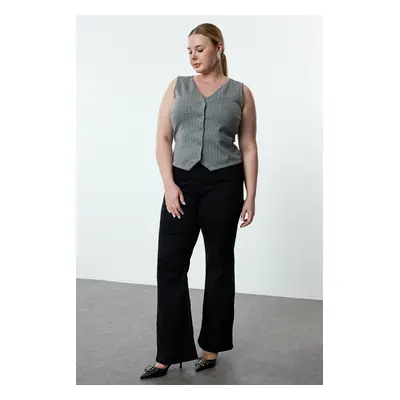 Trendyol Curve Gray Striped V Neck Knitted Plus Size Vest