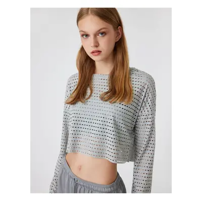 Koton Oversize Crop Sports T-Shirt Crew Neck Openwork Long Sleeve