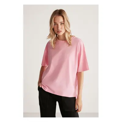 GRIMELANGE Jemmy Women's 100% Organic Cotton Relaxed Fit Slit Round Neck Light Pink T-shirt