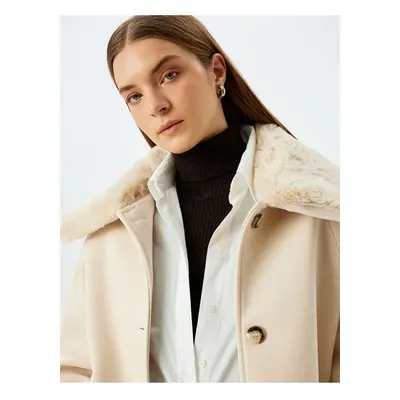 Koton Hip Length Double Breasted Cashmere Coat with Detachable Faux Für Collar