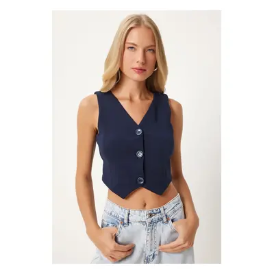 Happiness İstanbul Women's Navy Blue V Neck Lycra Crop Knit Vest