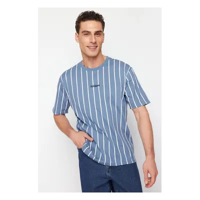 Trendyol Indigo Oversize/Wide Cut Striped 100% Cotton T-Shirt