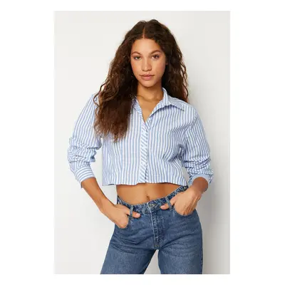 Trendyol Blue Striped Low Sleeve Crop Regular Fit Woven Shirt