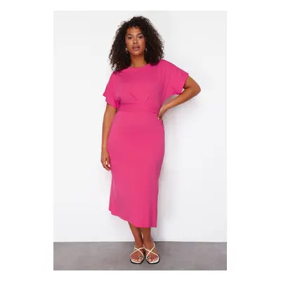 Trendyol Curve Pink Straight Cut Tie Detail With Slits Maxi/Long 100% Cotton Knitted Plus Size D